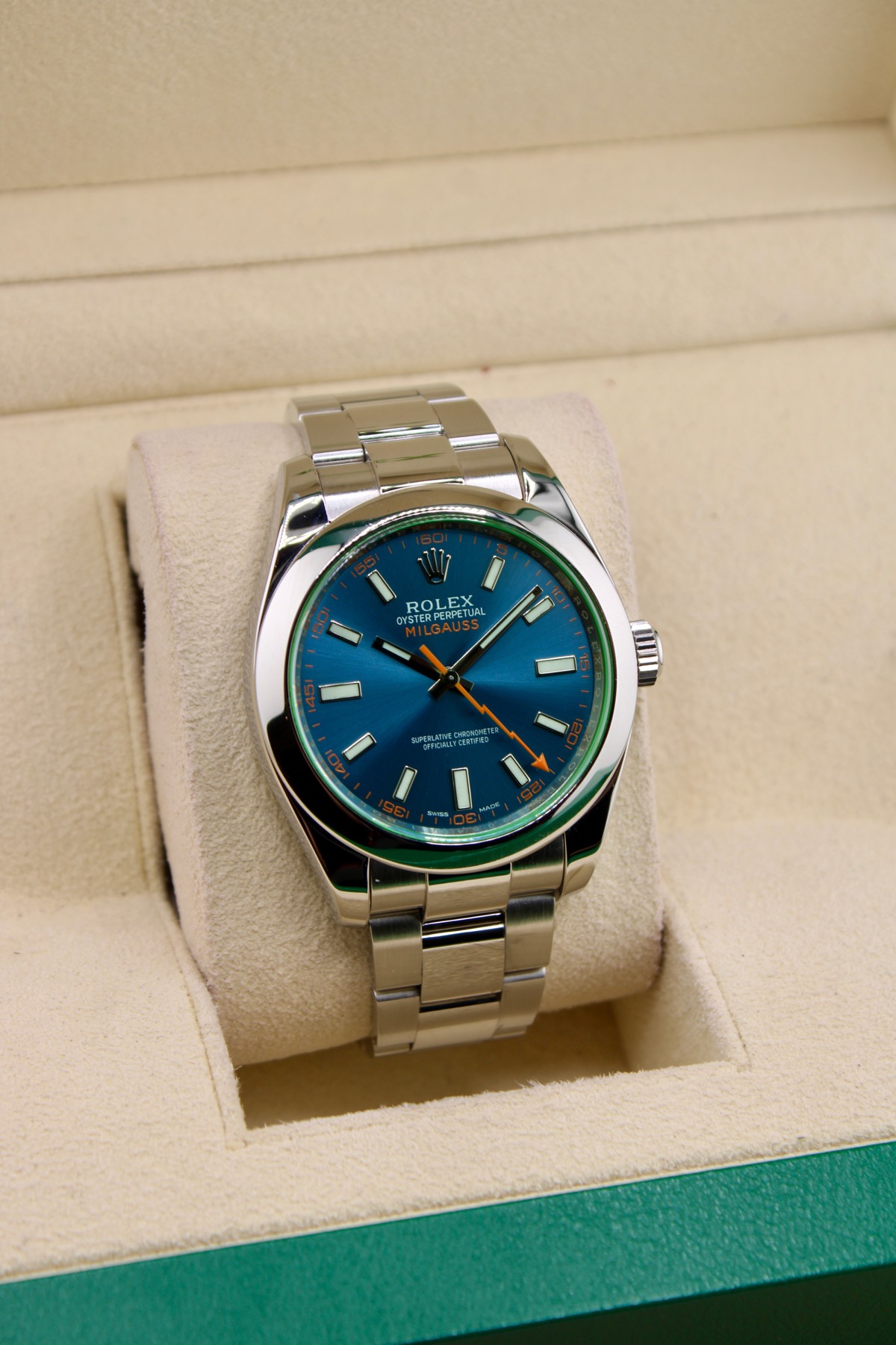 Rolex Milgauss Z-Blue 116400GV angled front dial photo