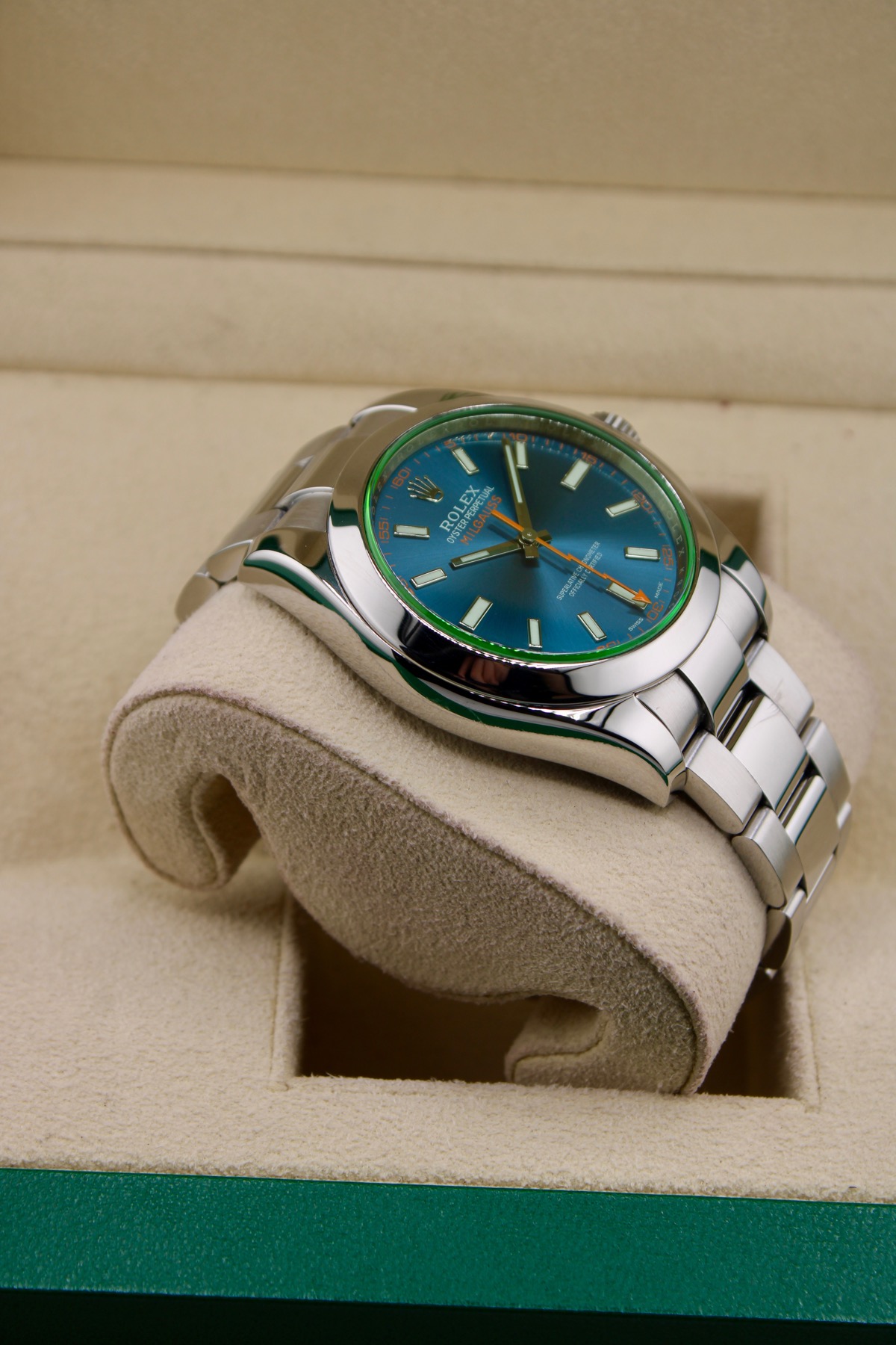 Rolex Milgauss Z-Blue 116400GV angled case and dial photo